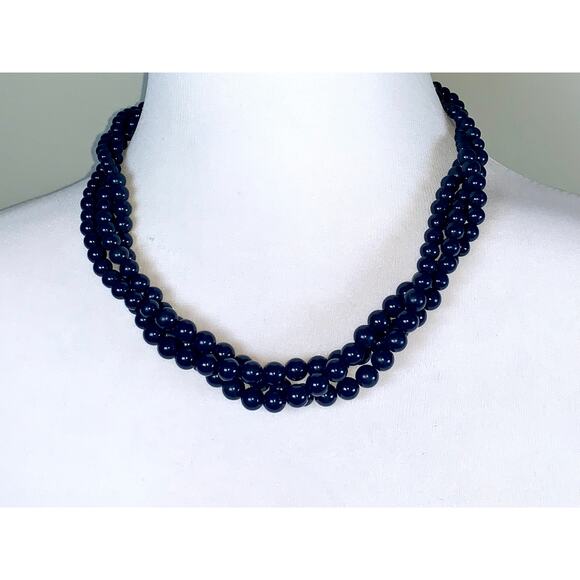 Napier Jewelry - Vintage Napier Multistrand Midnight Blue Beaded Faux Pearl Statement Necklace